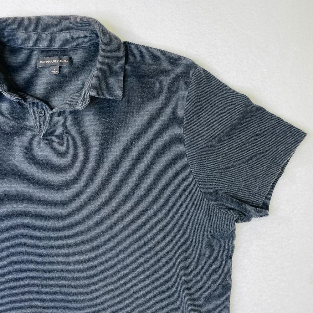 Banana Republic Mens Large Polo Shirt Navy Blue Gray Micro Stripe Short Sleeve