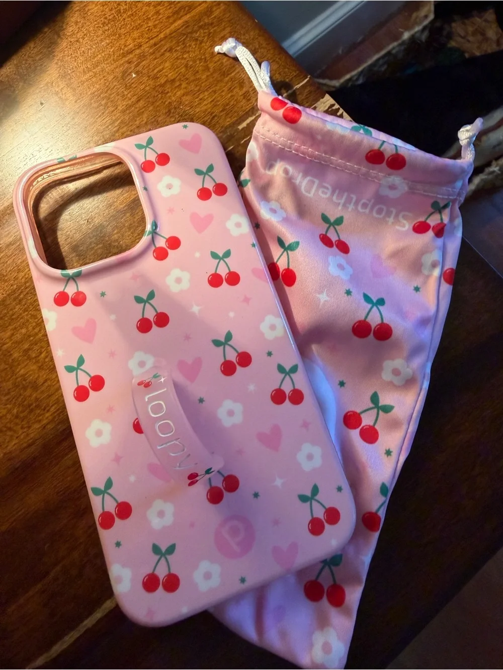 Loopy Case Pink Cherry Pattern iPhone Case with Matching Pouch