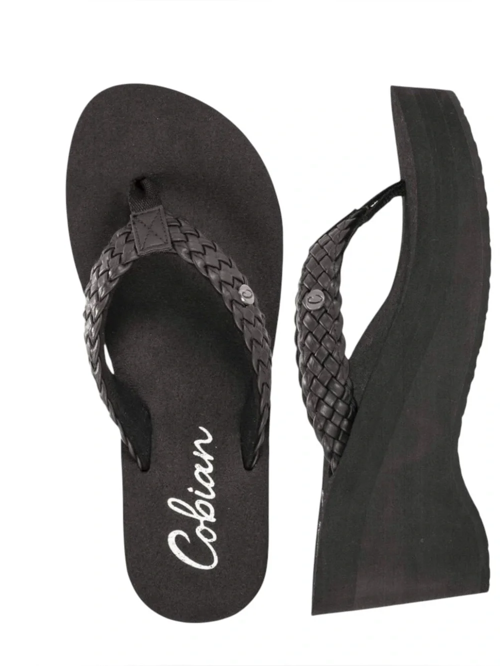 Cobian Zoe Black Cushioned Braided Wedge Flip Flops, 9