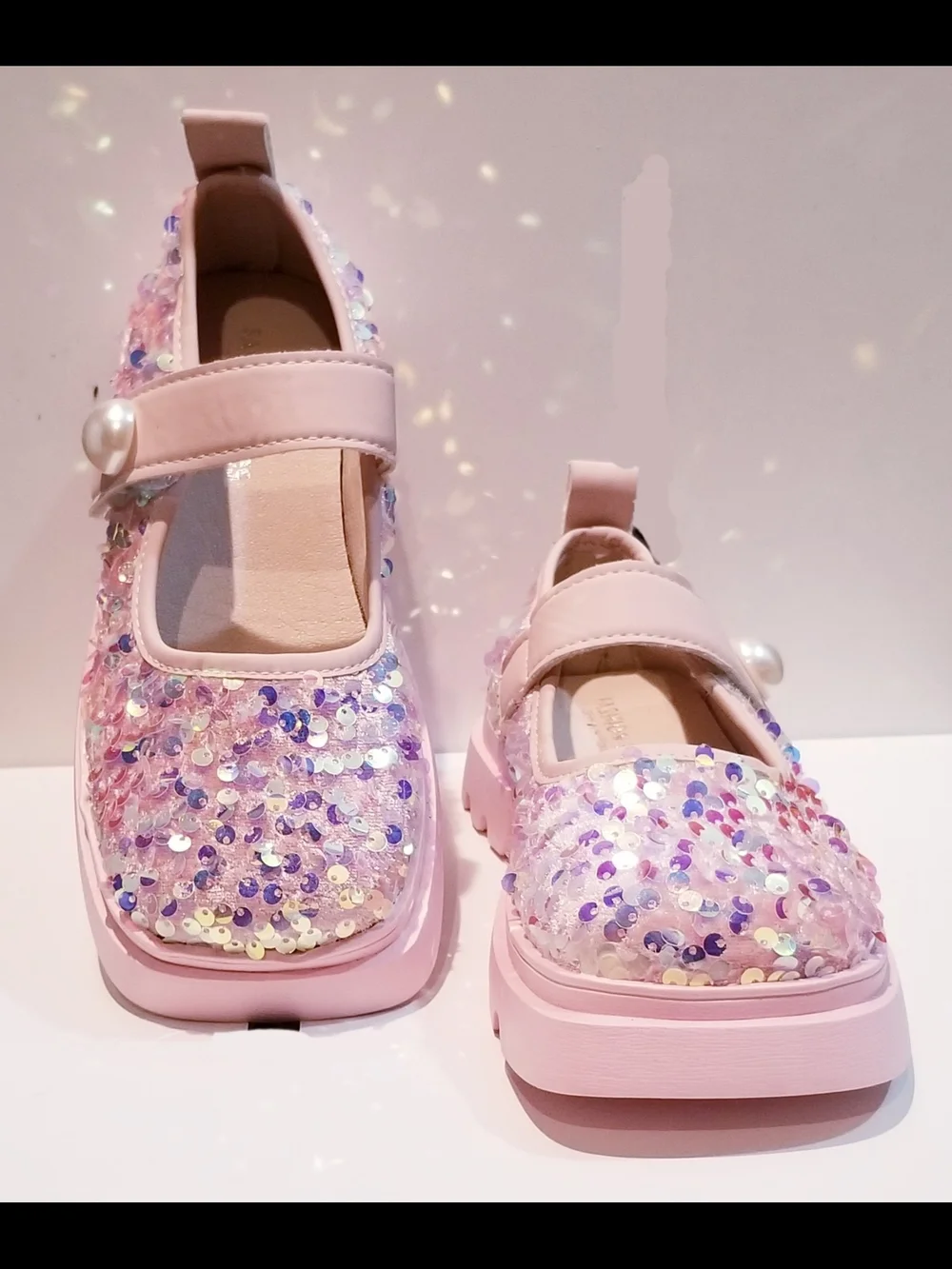 SHEIN Pink Sequin Strap Chunky Shoes