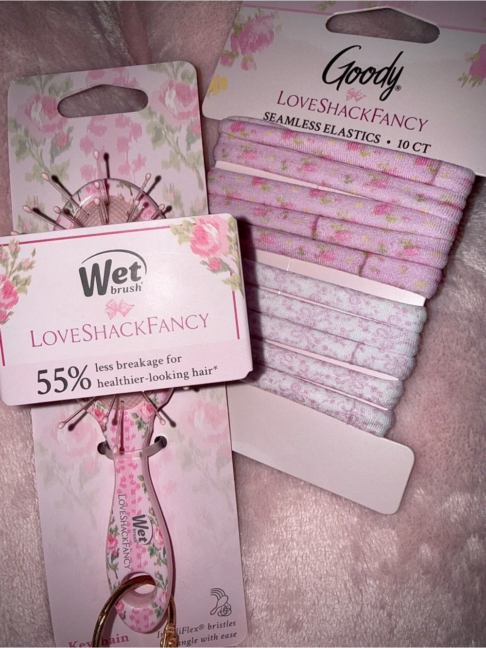LoveShackFancy Pink Seamless Elastics & Wet Brush Detangler Keychain Set🌸🎀