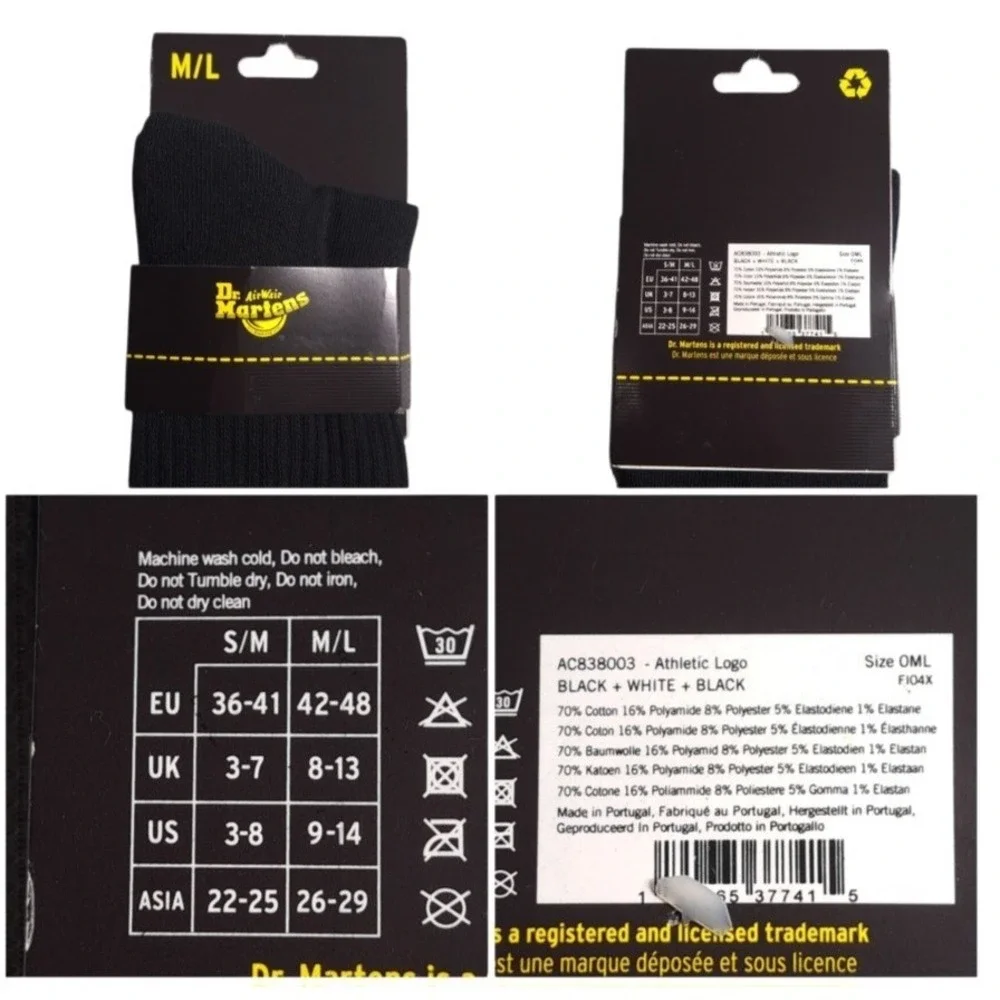 1-Pair Dr. Martens Size M/L Crew Socks Athletic Logo Black/Gray/Black
