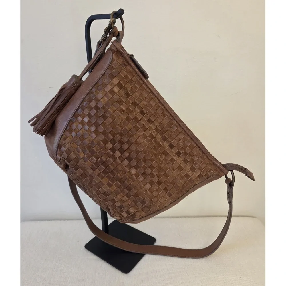 Frye New‎ Oriana Cognac Brown Woven Leather Hobo Shoulder Bag Long Tassel