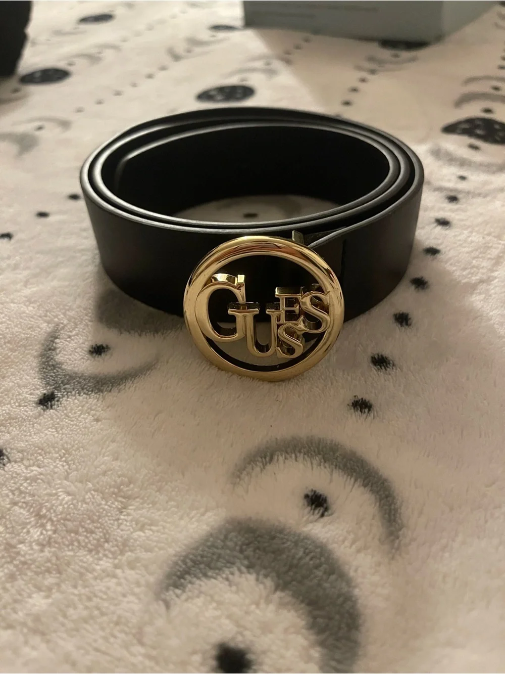 GUESS Black Belt with Gold Logo Circle Buckle