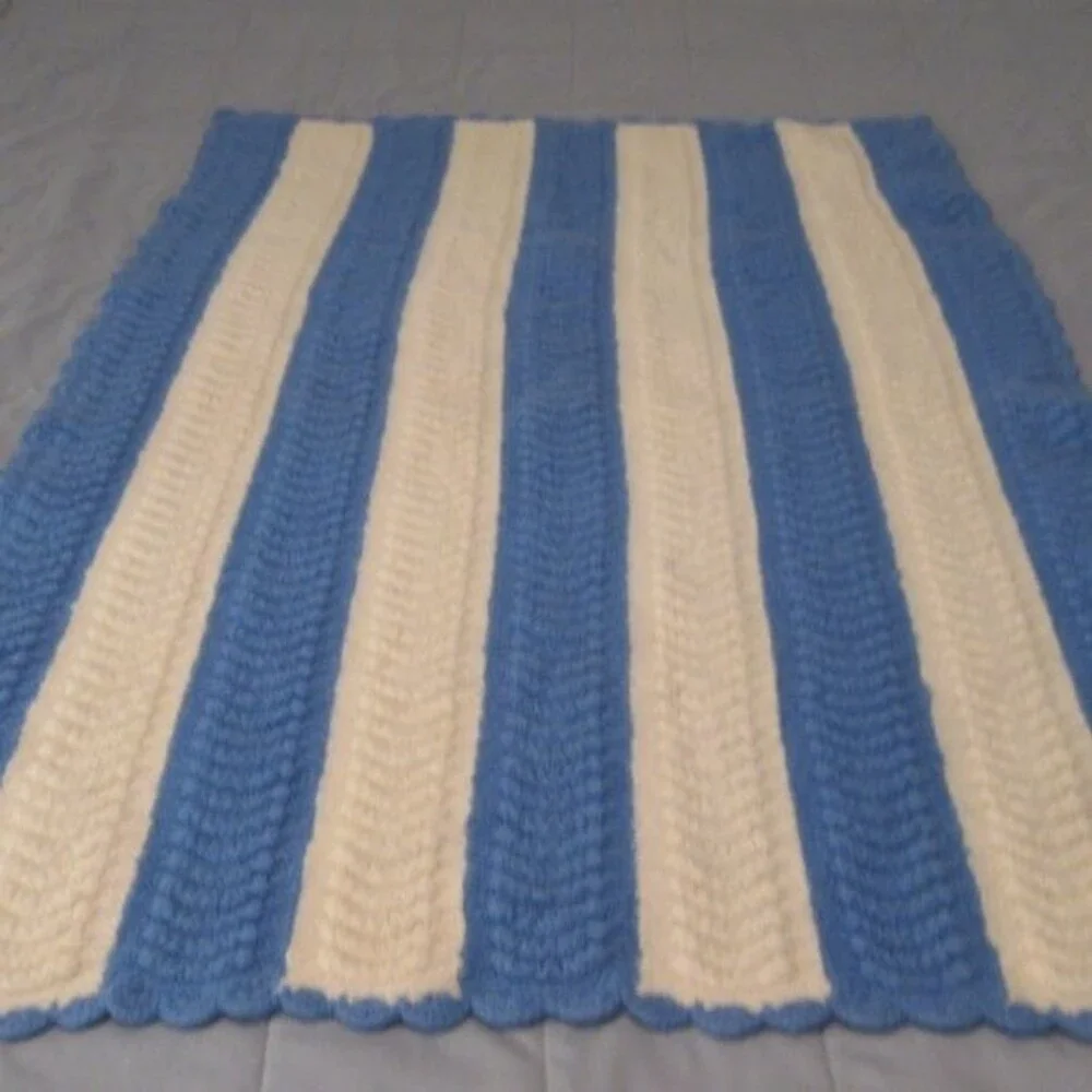 Handmade Crochet Afghan Throw Striped Blanket 47x35‎ Cream Blue Scalloped Edges