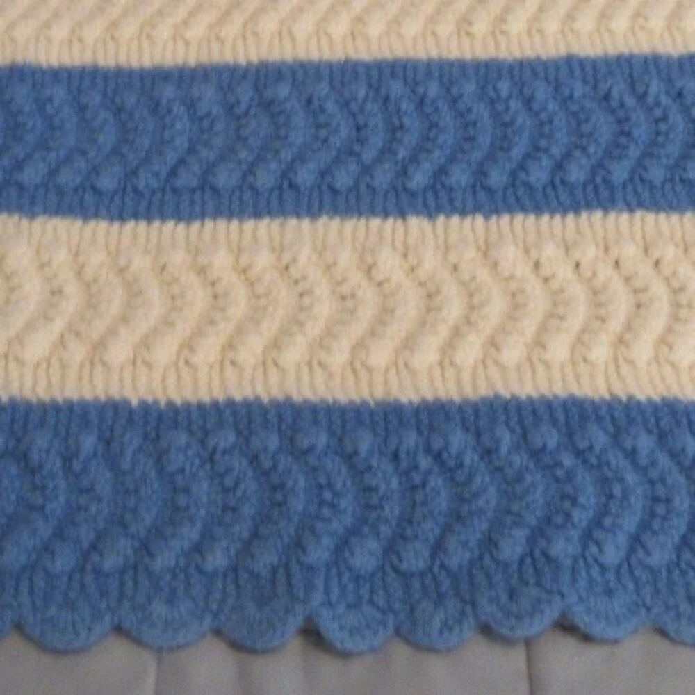 Handmade Crochet Afghan Throw Striped Blanket 47x35‎ Cream Blue Scalloped Edges