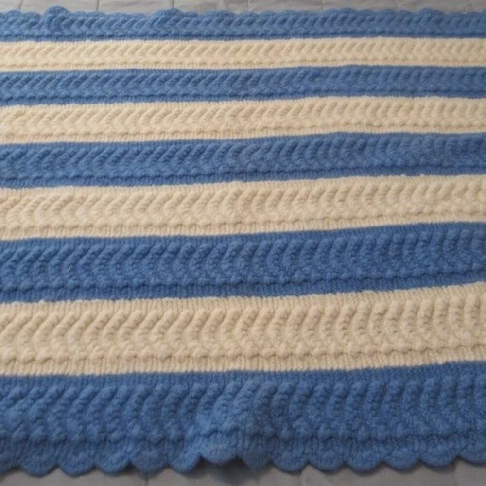 Handmade Crochet Afghan Throw Striped Blanket 47x35‎ Cream Blue Scalloped Edges