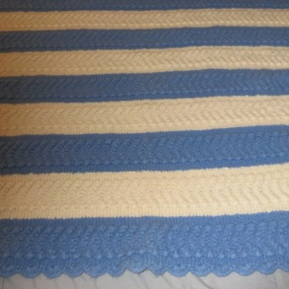 Handmade Crochet Afghan Throw Striped Blanket 47x35‎ Cream Blue Scalloped Edges