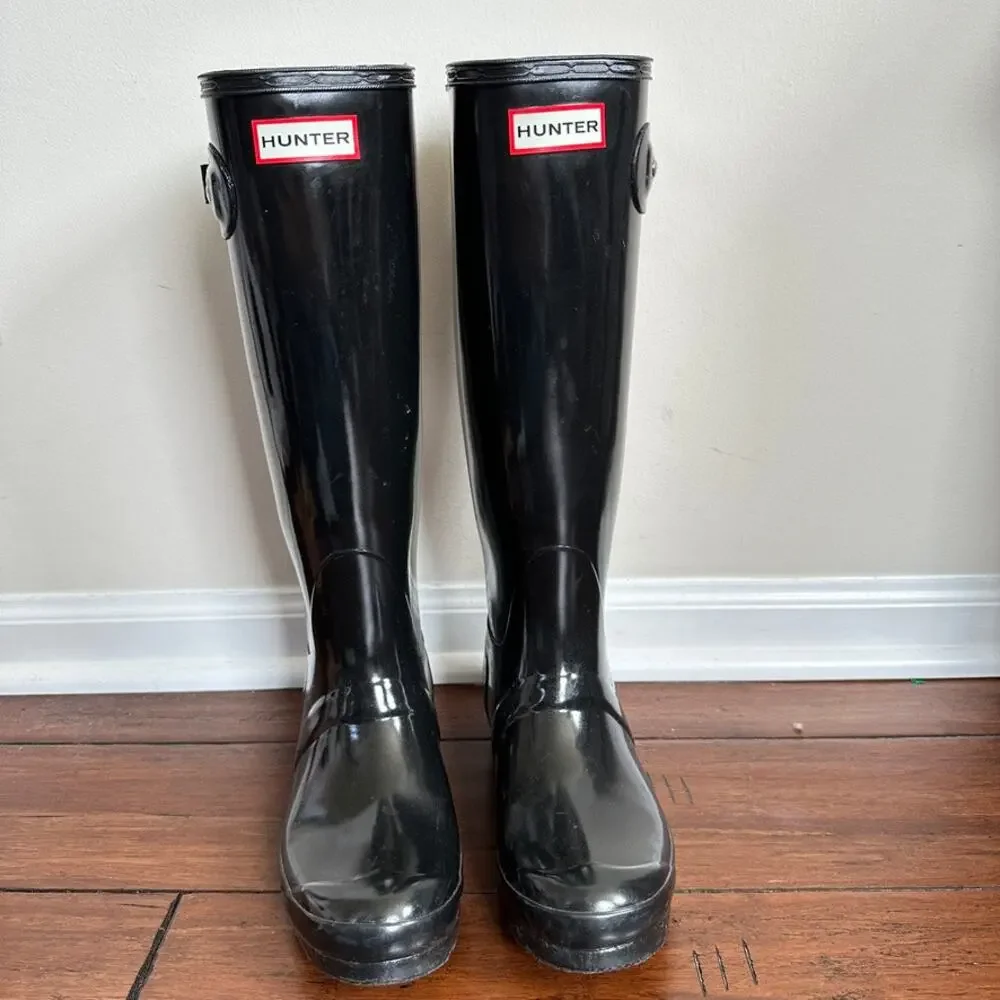 Hunter Original Tall Gloss Rain Boots Black Women's 6 Men's 5 EU 37 Knee High