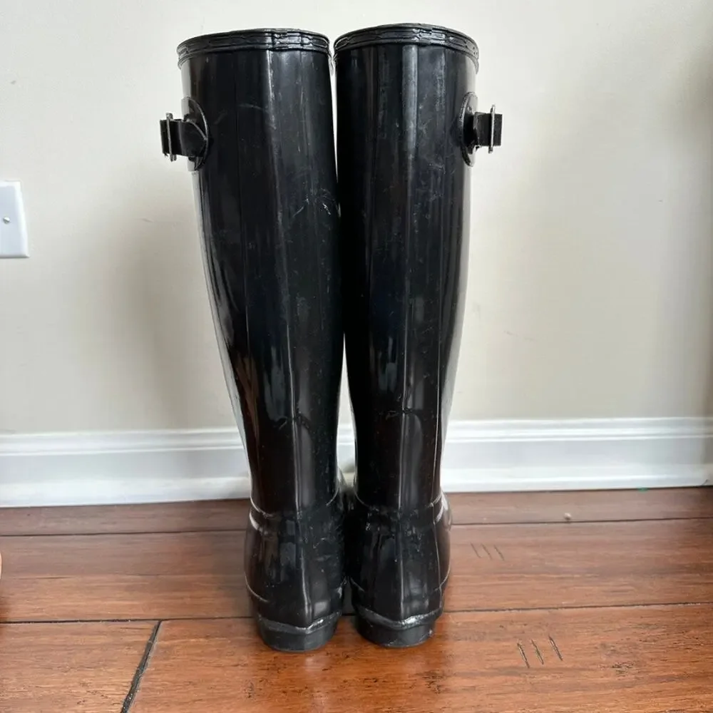 Hunter Original Tall Gloss Rain Boots Black Women's 6 Men's 5 EU 37 Knee High