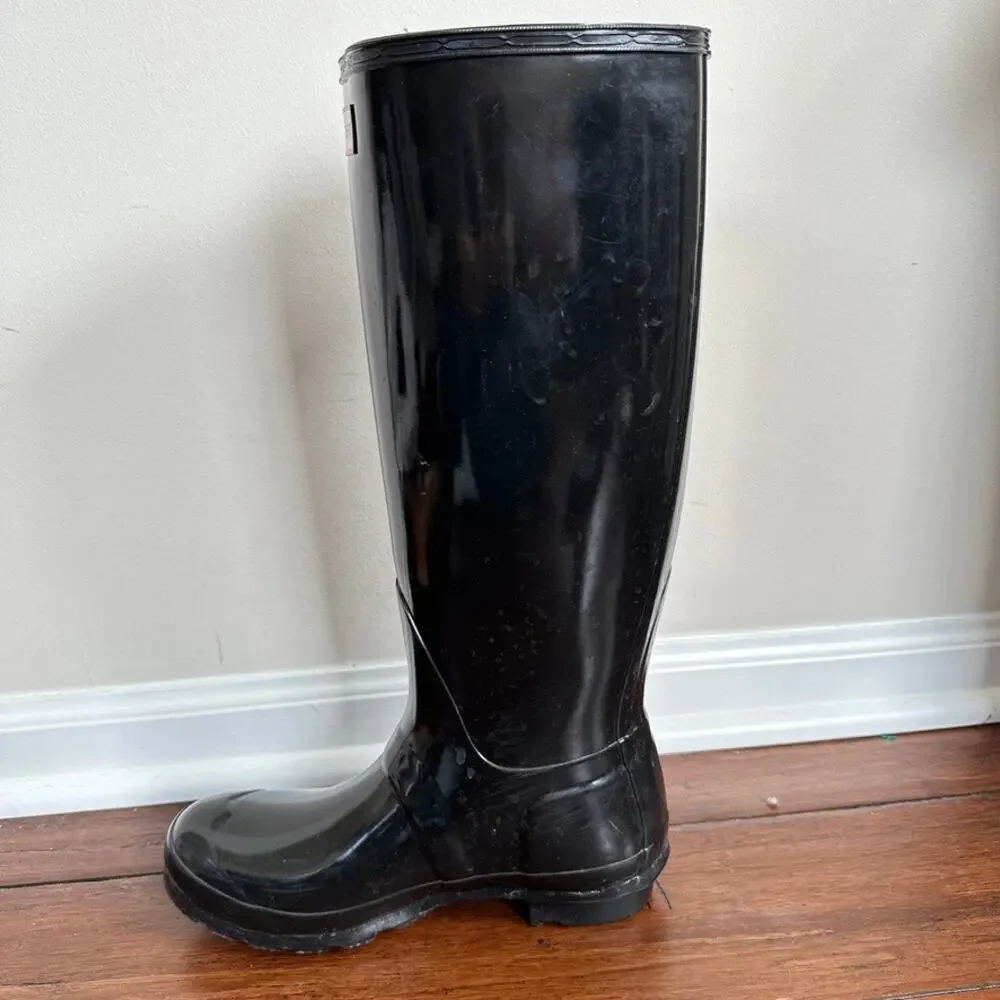 Hunter Original Tall Gloss Rain Boots Black Women's 6 Men's 5 EU 37 Knee High