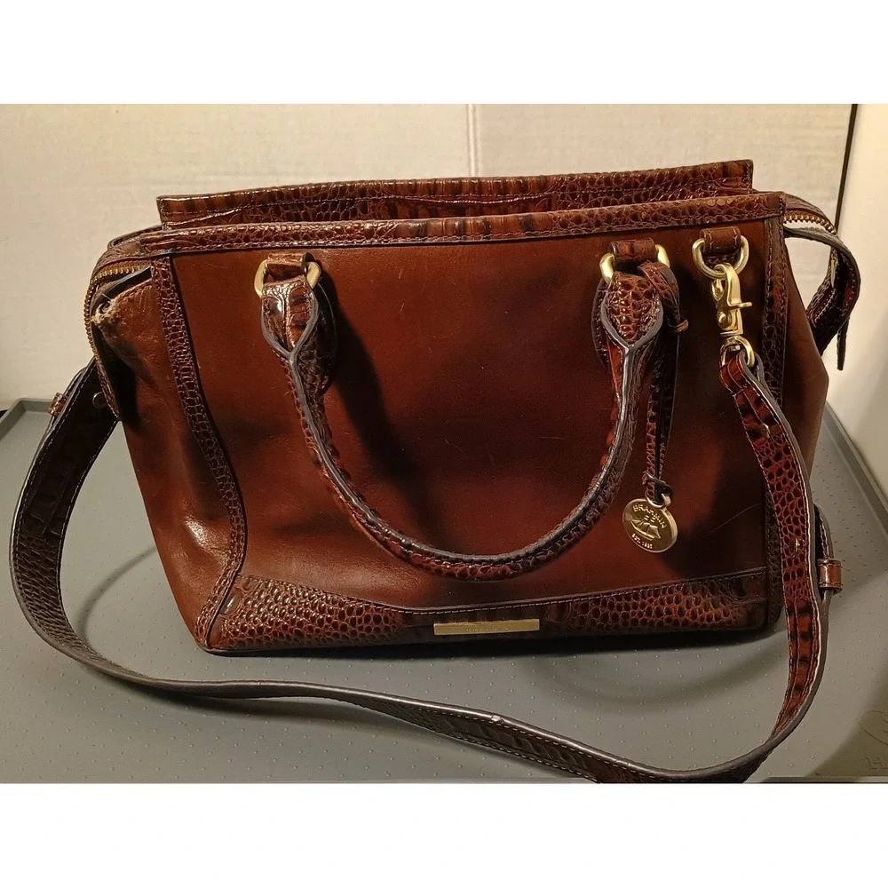 Brahmin Satchel Bag Womens Medium Brown Croc Embossed Leather Crossbody