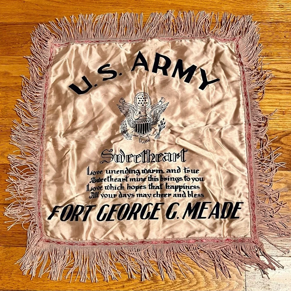 WWII US Army Fort Meade Sweetheart Pillow Sham Vintage Pink Satin Fringe Cover
