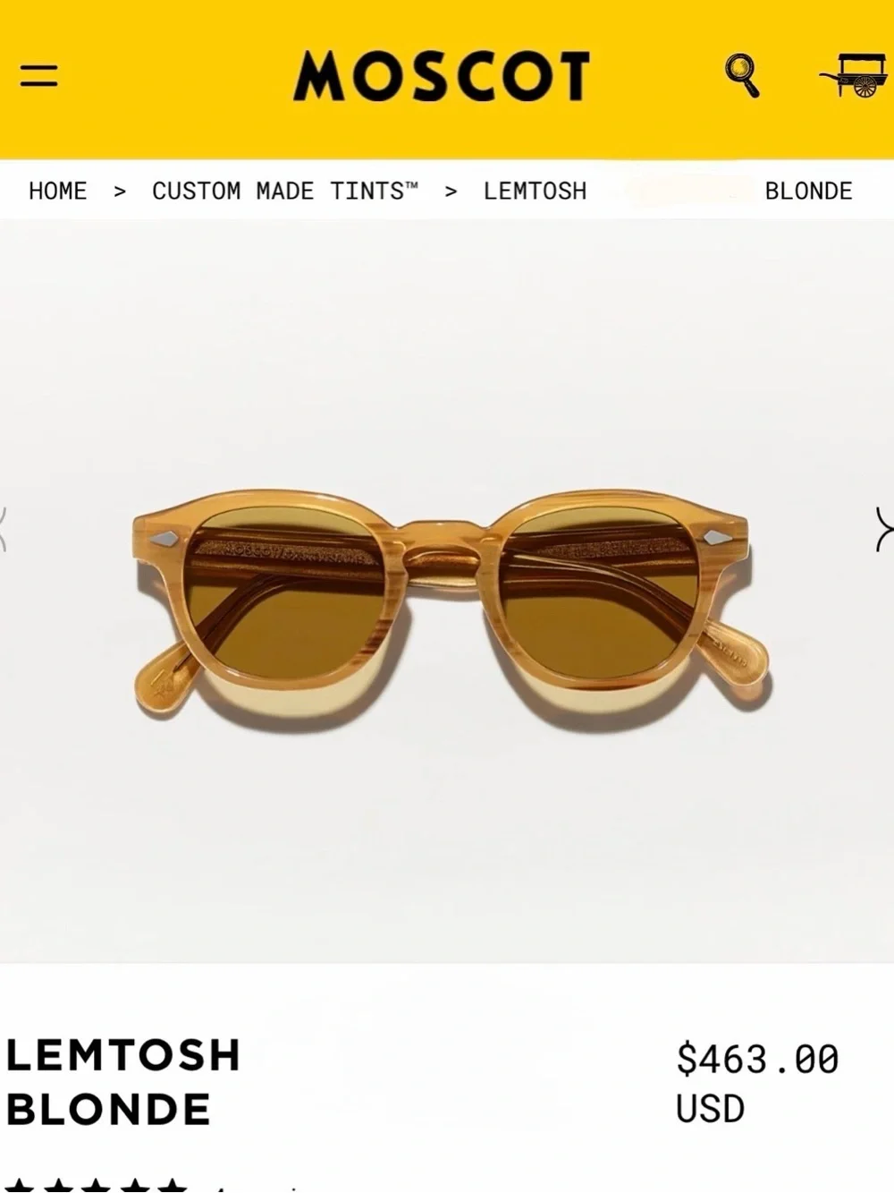 Moscot Lemtosh Blonde/ Amber Lenses sunglasses 46