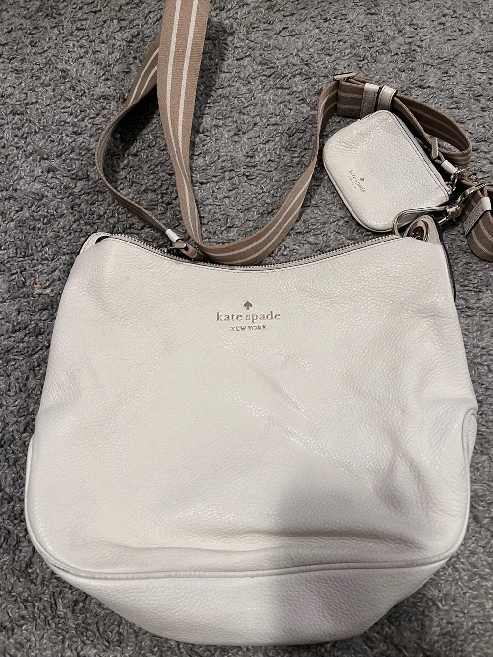 kate spade white pebbled leather crossbody with striped tan strap and coin pouch