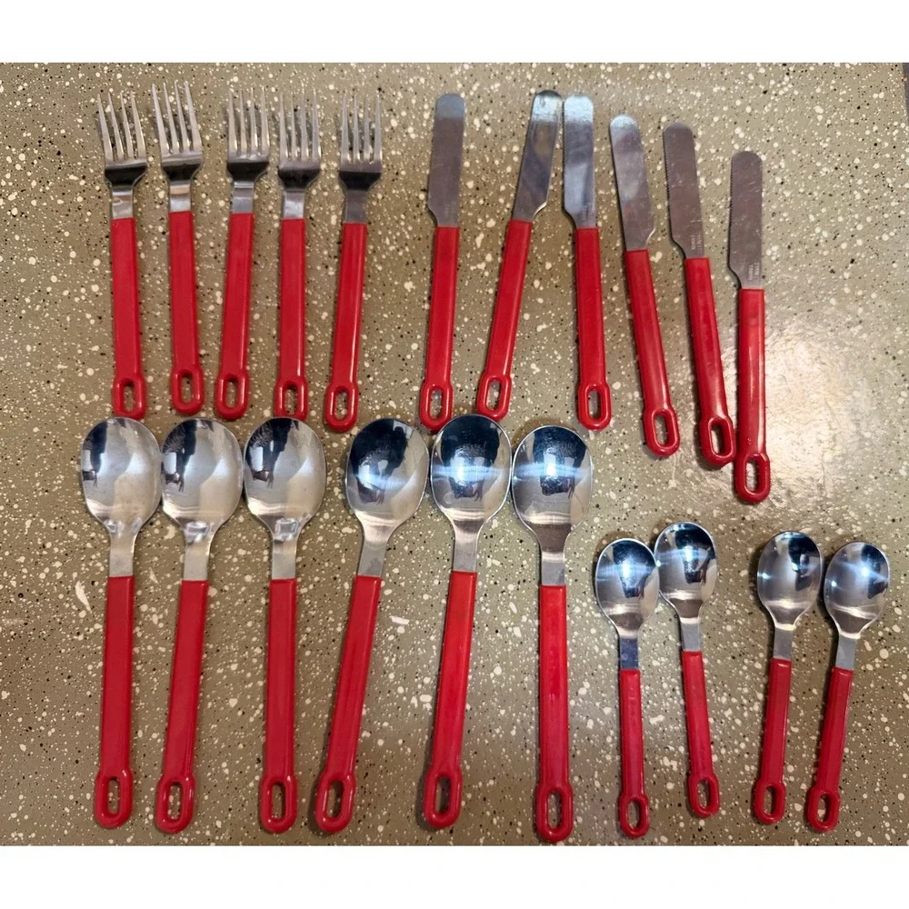 Vintage Red Handle Stainless Steel‎ Flatware Lot – 21 Pieces Mid Century