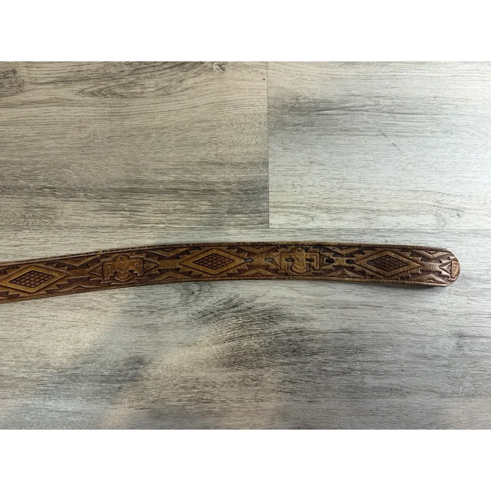 Vintage Aztec Hand Tooled Genuine Leather Belt Mens‎ Size 38 Brown Native