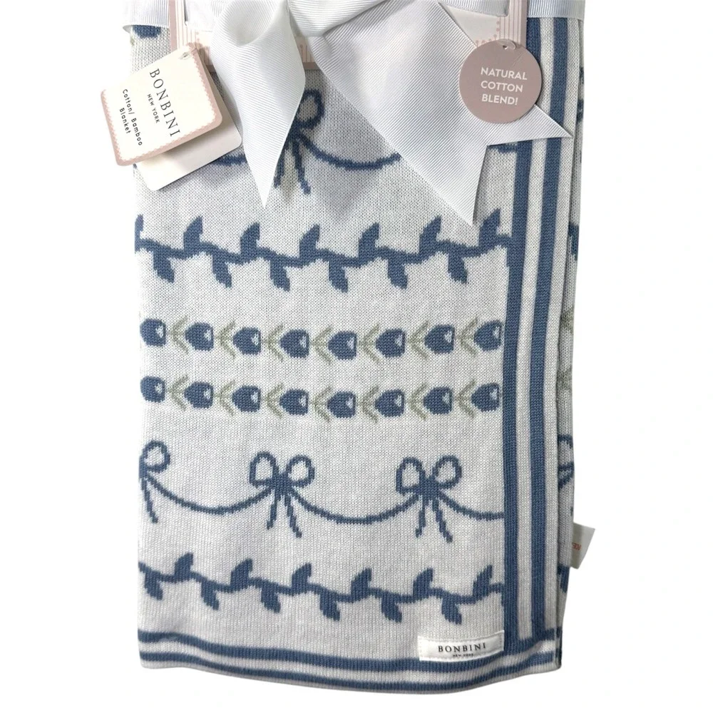 BONBINI New York Cotton Bamboo Baby Blanket‎ Blue Floral Bow Knit 0-6 Months
