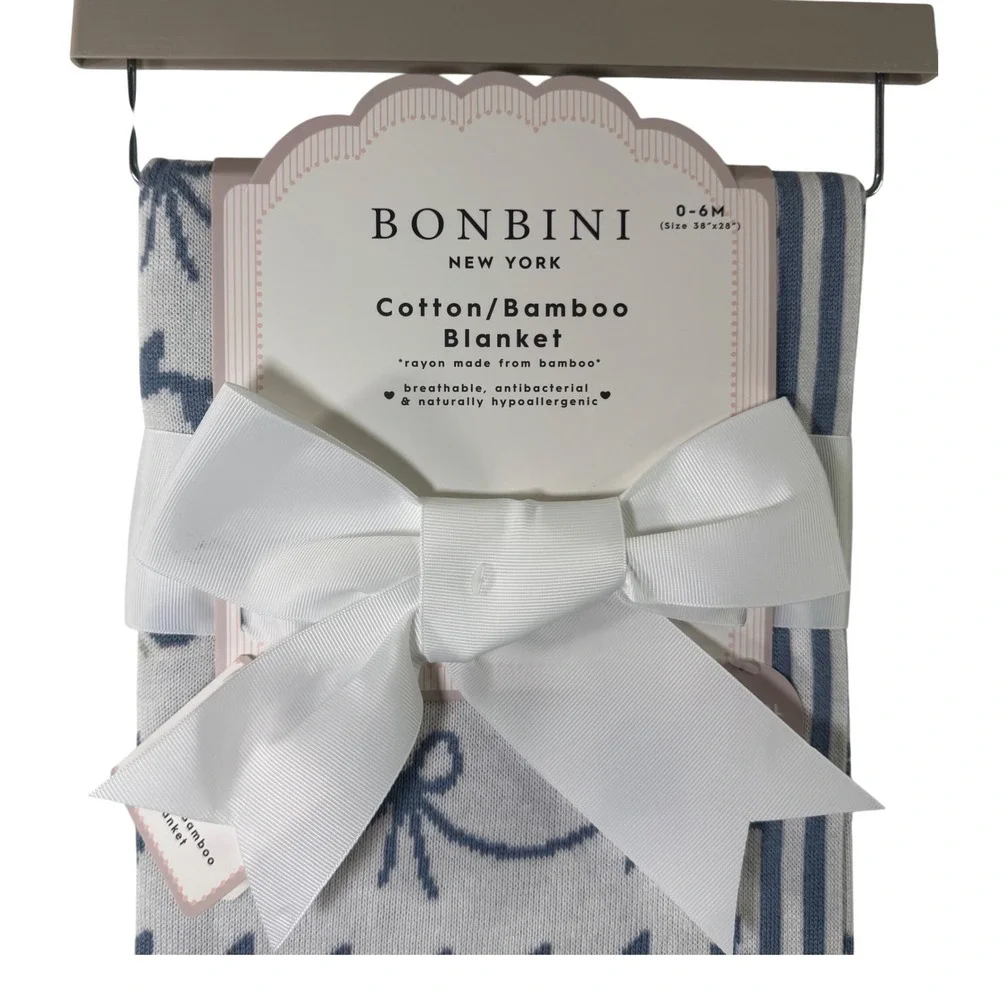 BONBINI New York Cotton Bamboo Baby Blanket‎ Blue Floral Bow Knit 0-6 Months