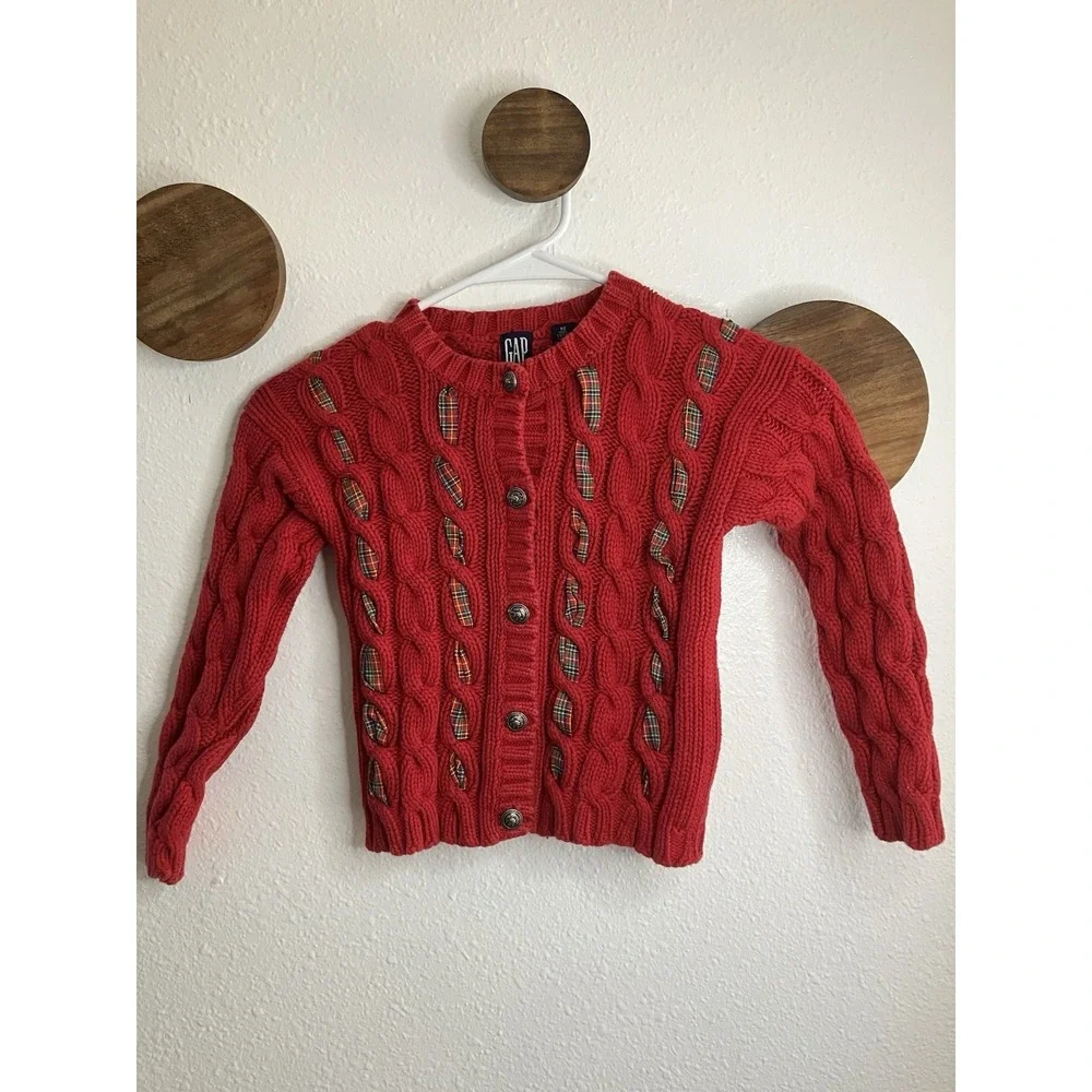 Vintage GAP Sweater Girls XS Red Cable‎ Knit Plaid Ribbon Cardigan 90s