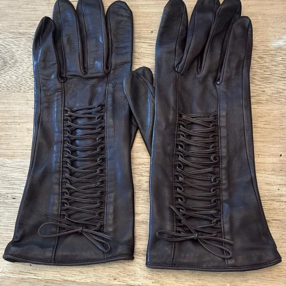 Agnelle made in France genuine leather  brown lace up gloves