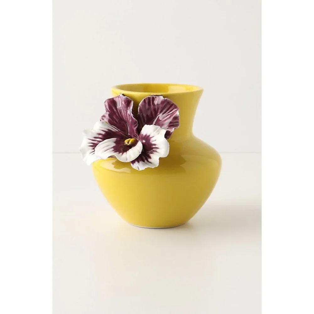 Anthropologie Yellow Ceramic Bud Vase with Purple & White Floral Accent