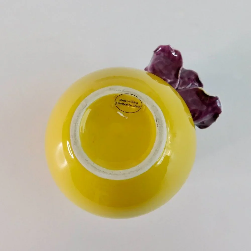 Anthropologie Yellow Ceramic Bud Vase with Purple & White Floral Accent