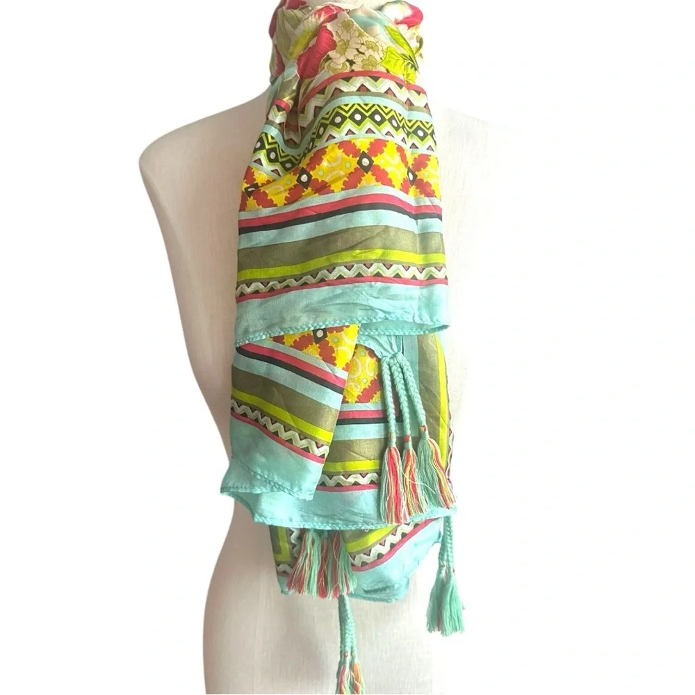 Johnny Was Aqua Multicolor Patterned Silk Scarf with Tassels