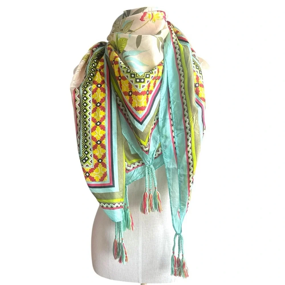 Johnny Was Aqua Multicolor Patterned Silk Scarf with Tassels