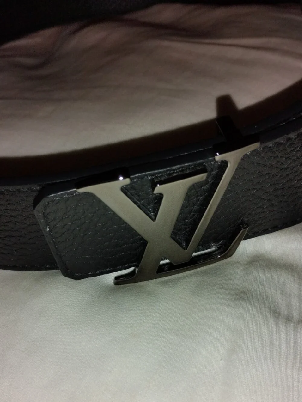 Louis Vuitton Black Leather Belt with Silver LV Initial Buckle