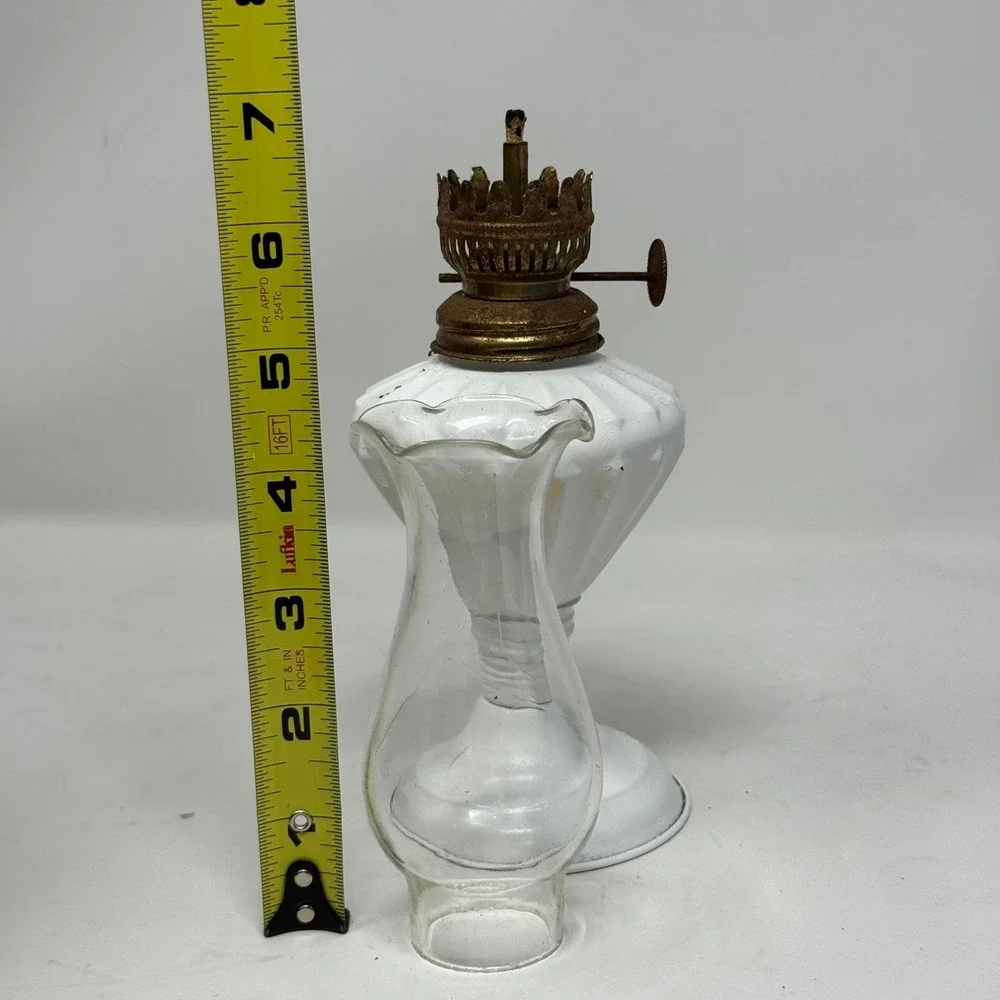 Vtg White Metal Miniature Oil Lamp Ruffled Glass Chimney Cottagecore Shabby Chic