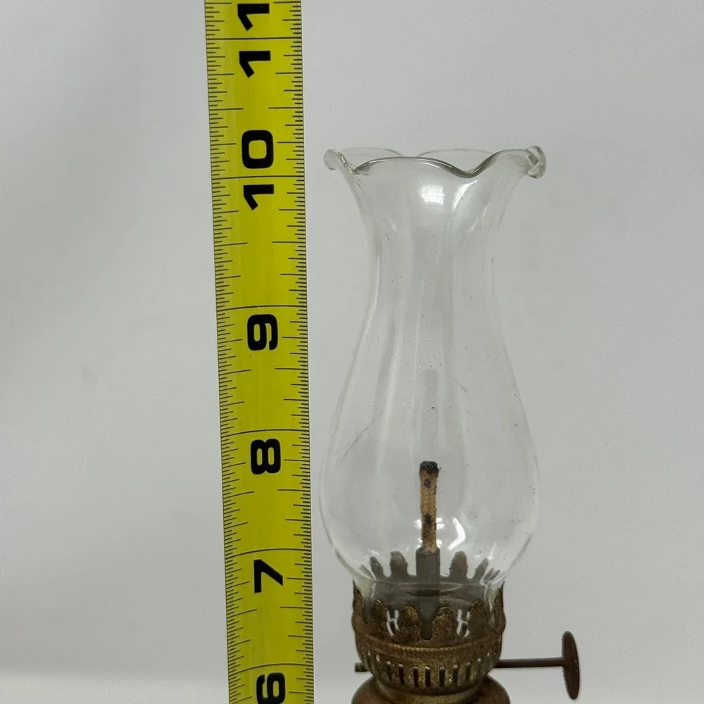 Vtg White Metal Miniature Oil Lamp Ruffled Glass Chimney Cottagecore Shabby Chic