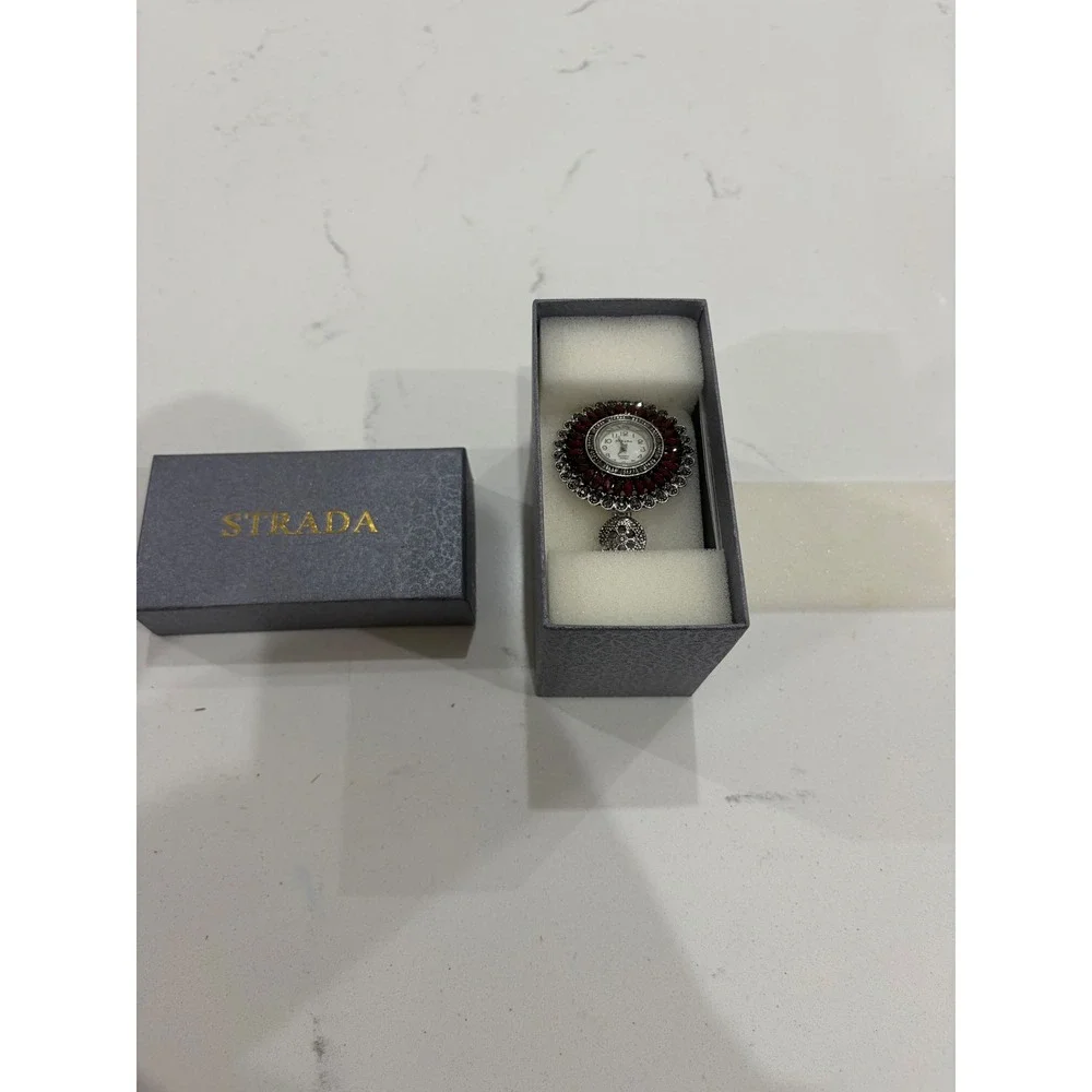 Strada Quartz Japan Movement‎ Watch Red Sunburst Silver Tone Statement Timepiece