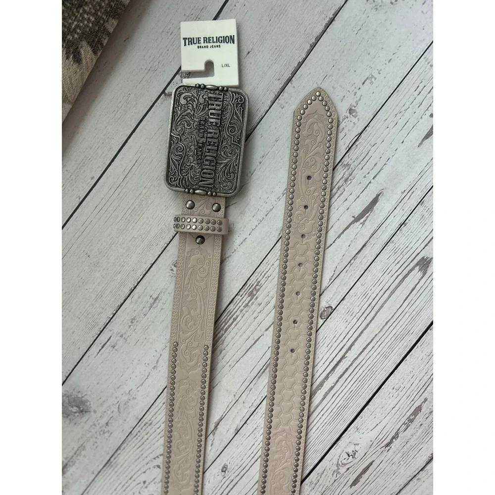 True Religion Womens Embossed Western‎ Studded Belt Cream Silver Buckle L/XL NEW