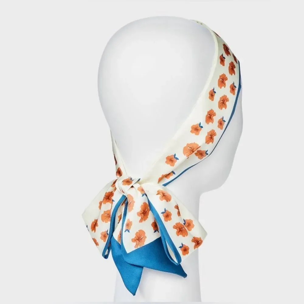 a new day White Blue Coral Hibiscus Floral Skinny Head Neck Purse Scarf