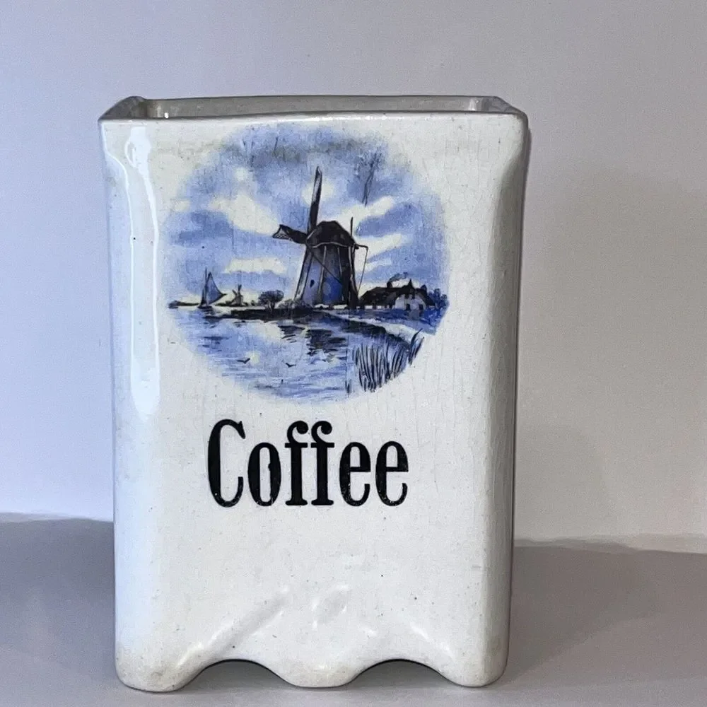 Vintage‎ Square Ceramic Coffee Cannister Blue & White Windmill 6