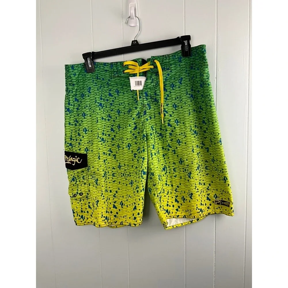 Pelagic Mens Dorado Mahi Mahi Fish Scale Board Shorts Green Yellow‎ Size 36
