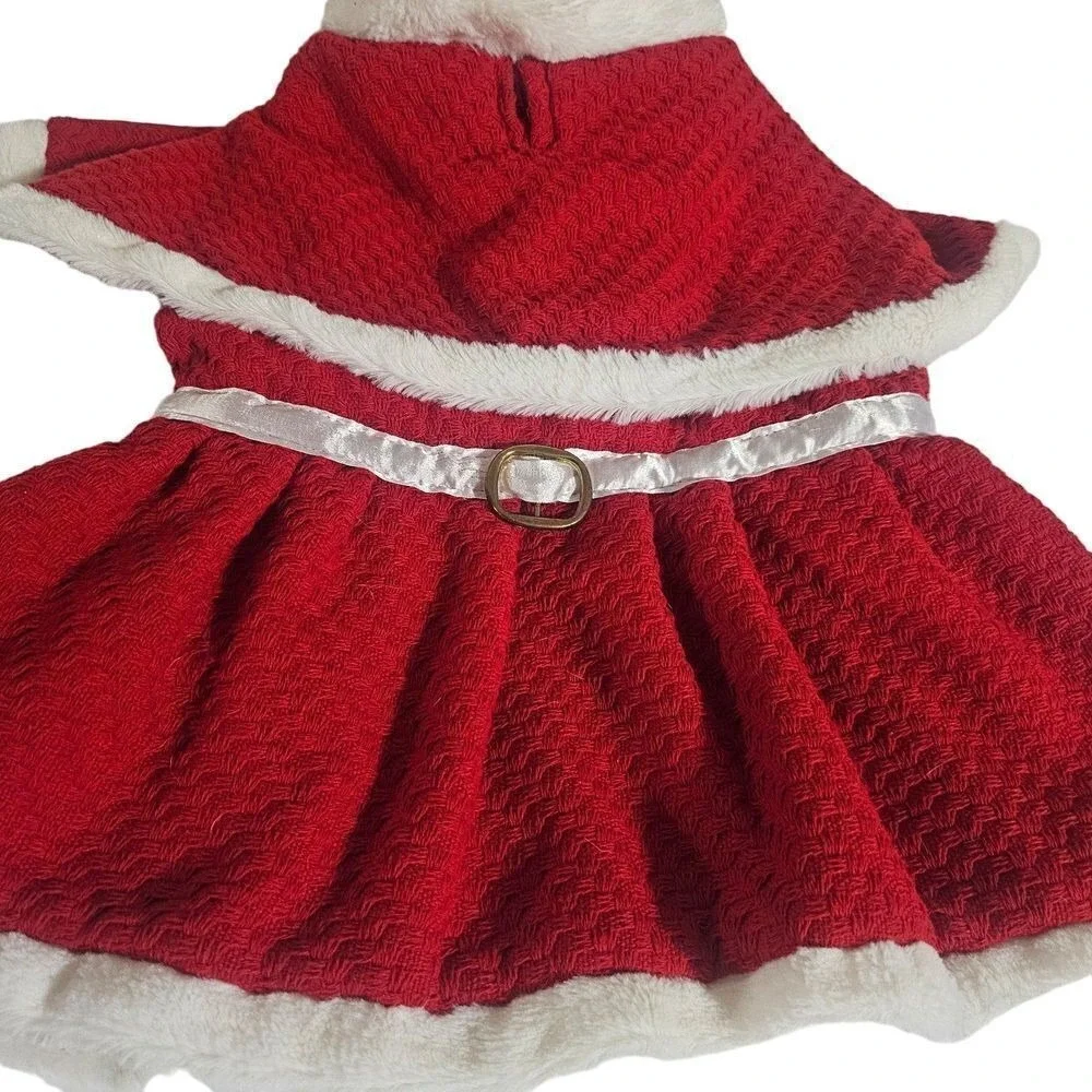 Santa Dress‎ Dog Cat Pet Costume Red Plaid Fuzzy Trim Belted Size L