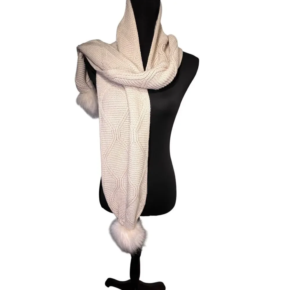 Womens Waffle Knit‎ Faux Fur Pom-Pom Y2K Cream Soft Cozy Winter Shawl/Scarf
