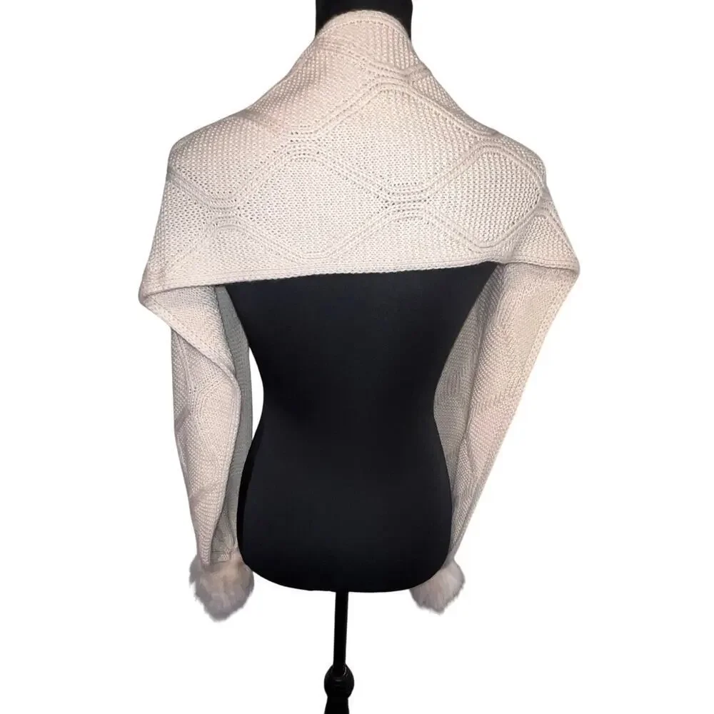 Womens Waffle Knit‎ Faux Fur Pom-Pom Y2K Cream Soft Cozy Winter Shawl/Scarf
