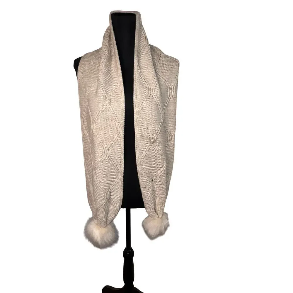 Womens Waffle Knit‎ Faux Fur Pom-Pom Y2K Cream Soft Cozy Winter Shawl/Scarf