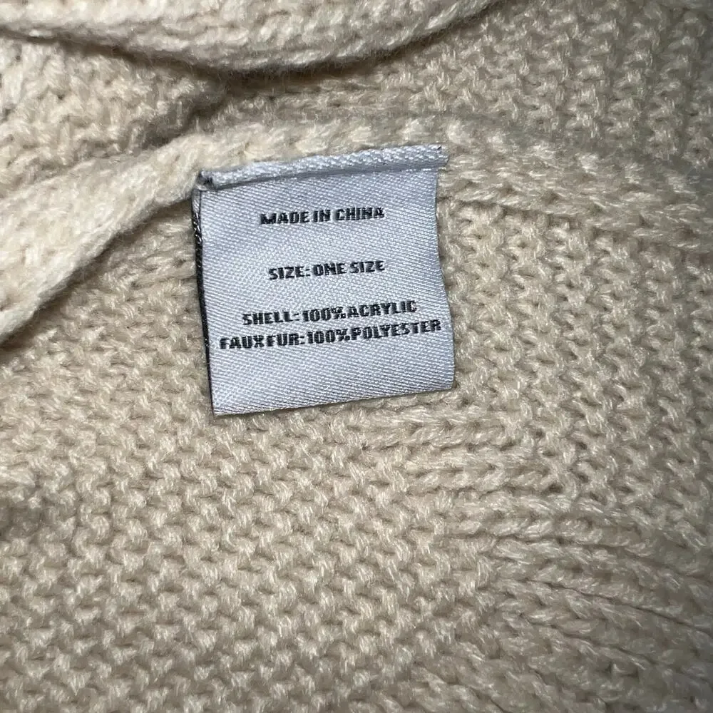 Womens Waffle Knit‎ Faux Fur Pom-Pom Y2K Cream Soft Cozy Winter Shawl/Scarf