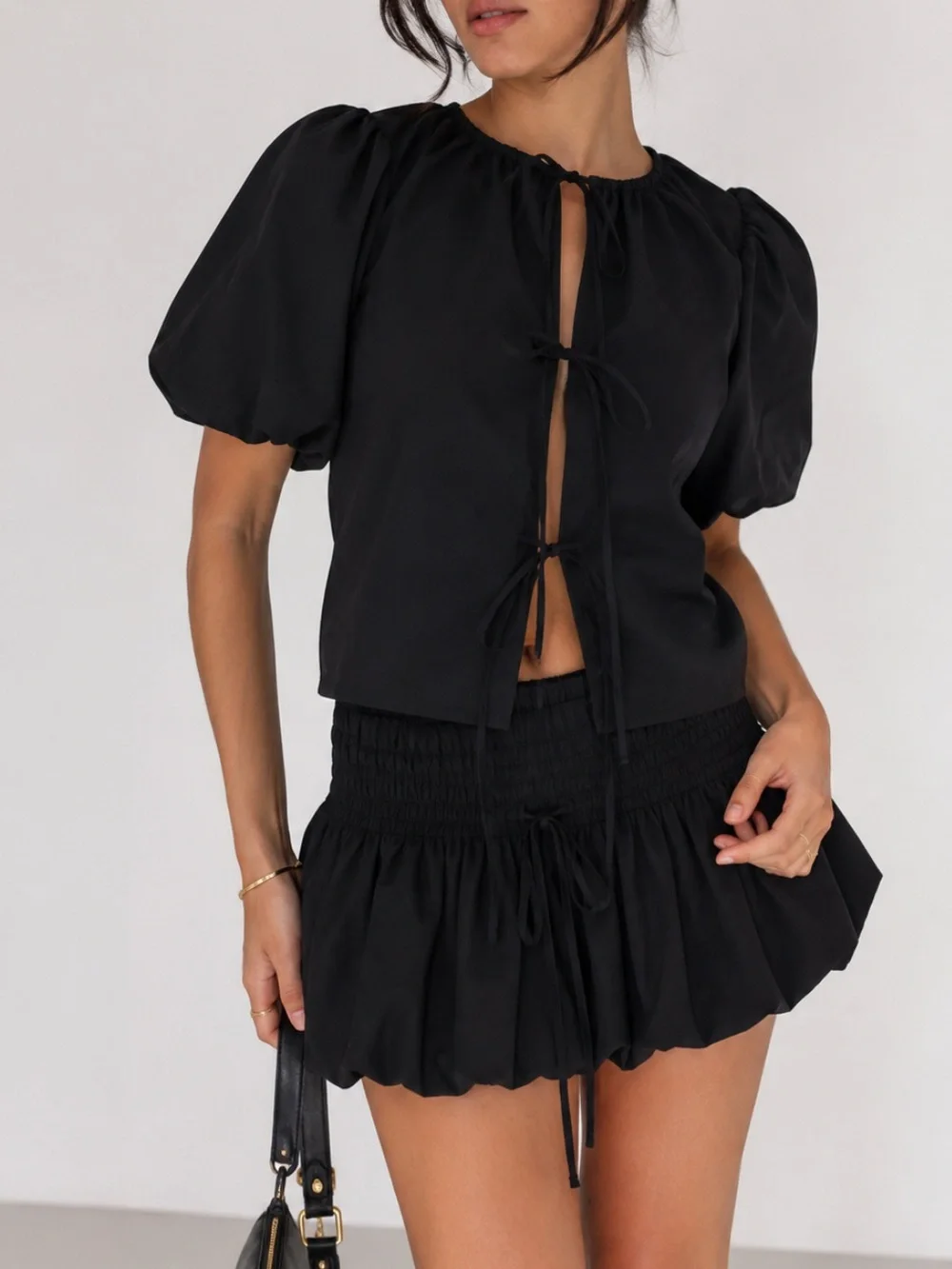 Abercrombie & Fitch Black Tie Front Puff Sleeve Cotton Poplin Top Size XS Summer