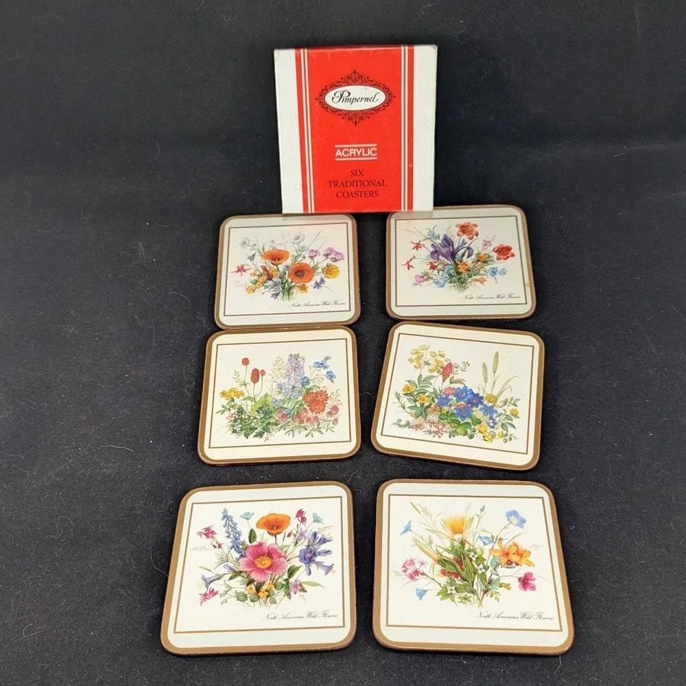 Pimpernel North American Wild Flowers Acrylic Coasters 6 Cork Back‎ England