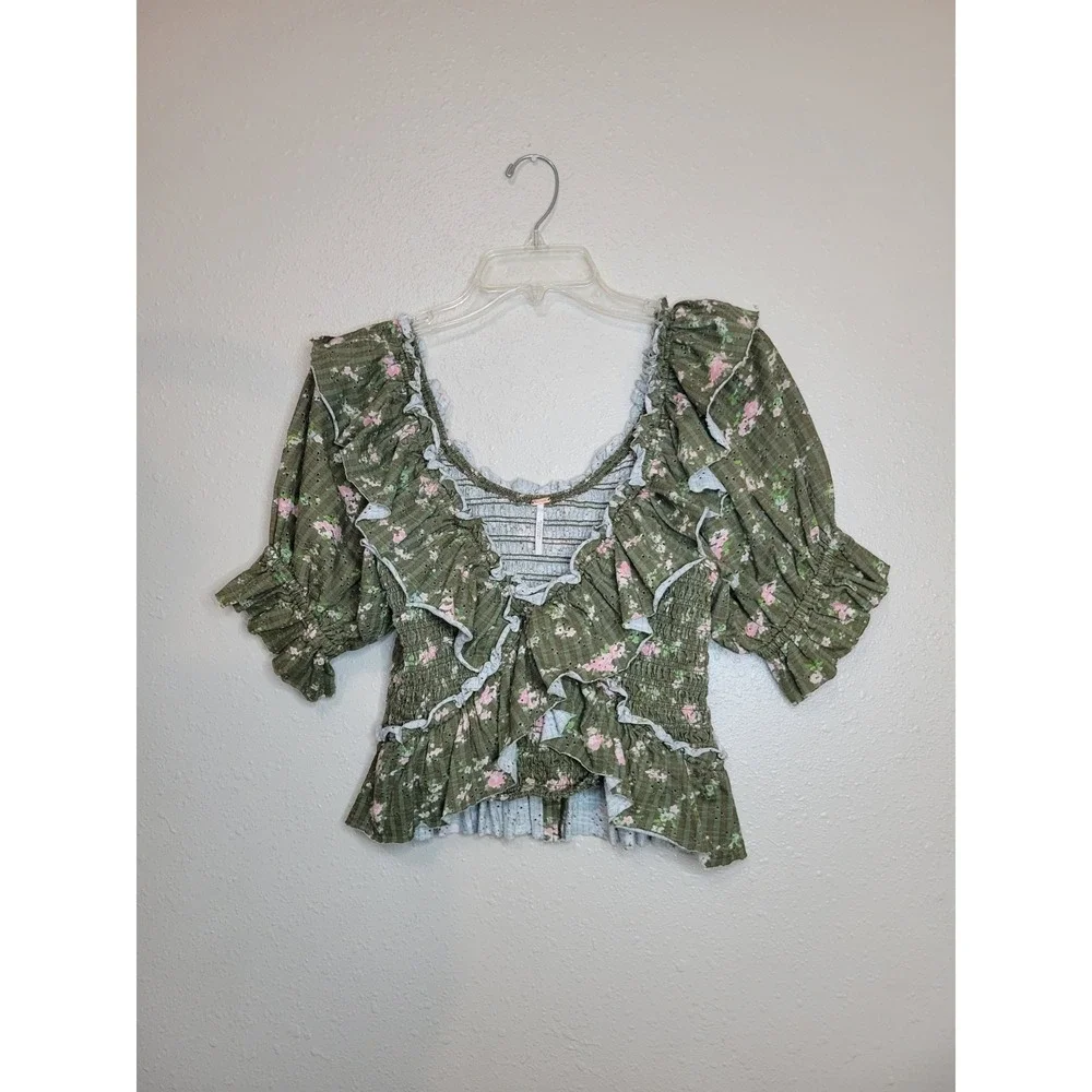 Free People Favorite Girl‎ Top Floral Ruffle Smocked Puff Sleeve Boho Army Combo