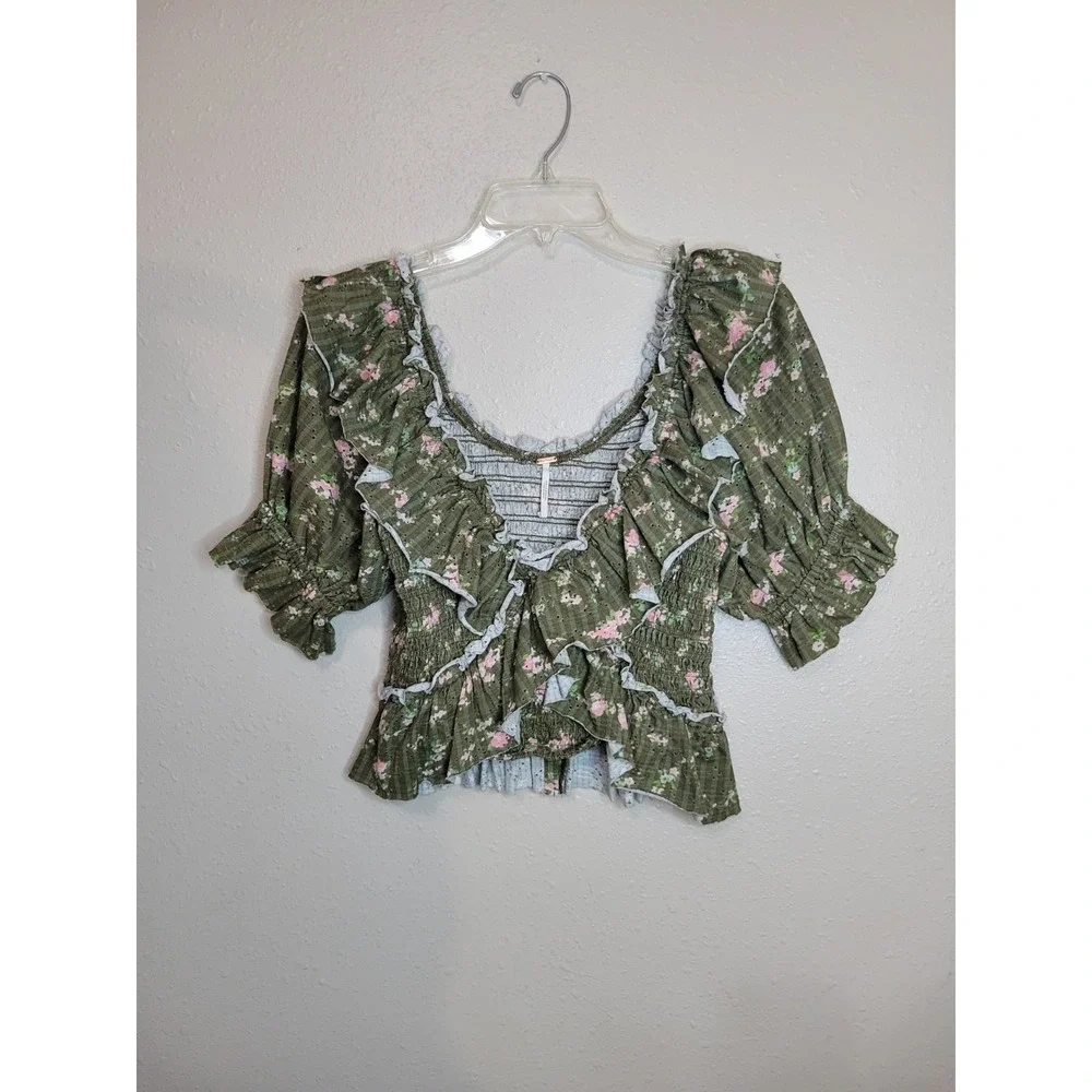 Free People Favorite Girl‎ Top Floral Ruffle Smocked Puff Sleeve Boho Army Combo