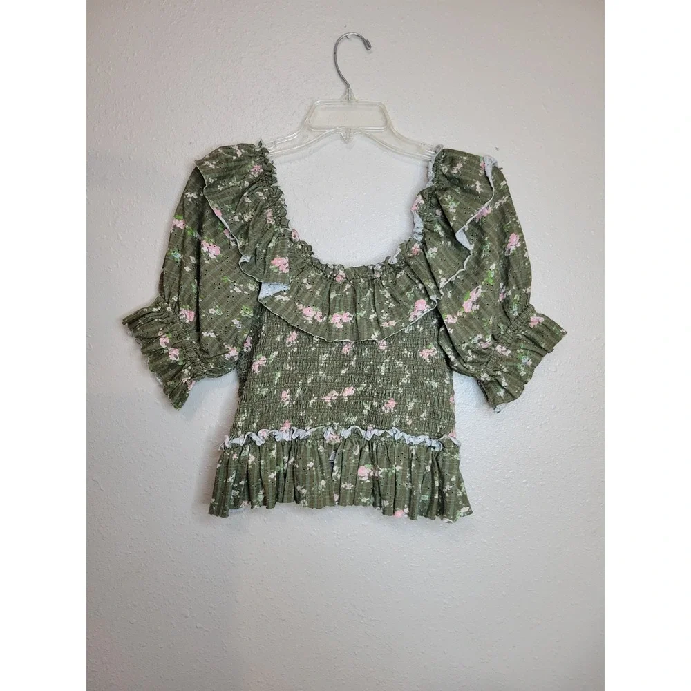 Free People Favorite Girl‎ Top Floral Ruffle Smocked Puff Sleeve Boho Army Combo