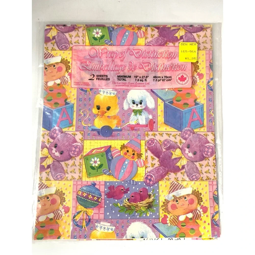 Wrap of Distinction Baby Gift Wrap 2 Sheets Pink Blue Vintage Nursery Ephemera
