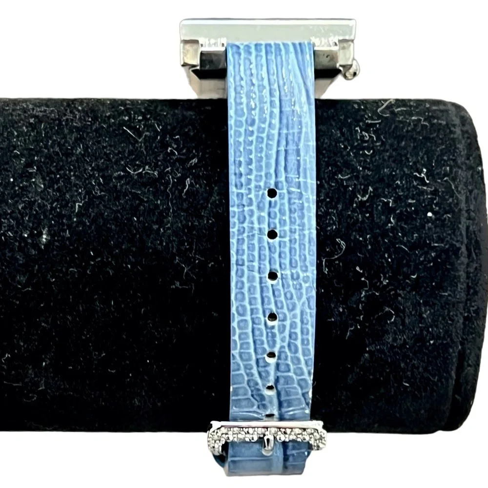 ADRIENNE LIMITED PAVE CRYSTAL ART DECO WATCH W BLUE LEATHER LIZARD PRINT BAND