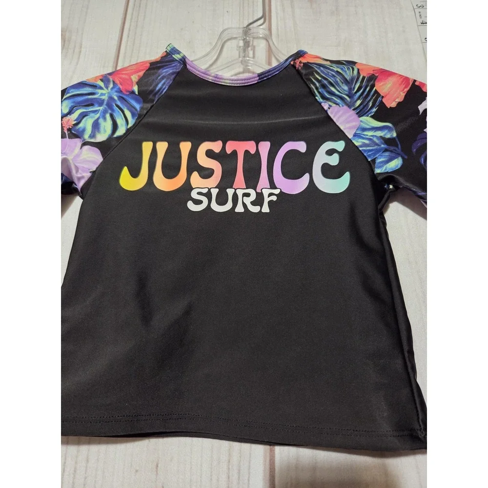 Justice Surf‎ Shirt Girls Small 7/8 Black Floral Rash Guard Swim Top Long Sleeve